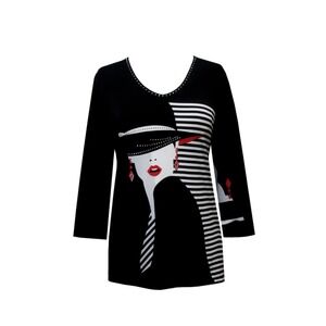 Valentina Women medium Black Graphic Face Print V-Neck 3/4 Sleeve Top